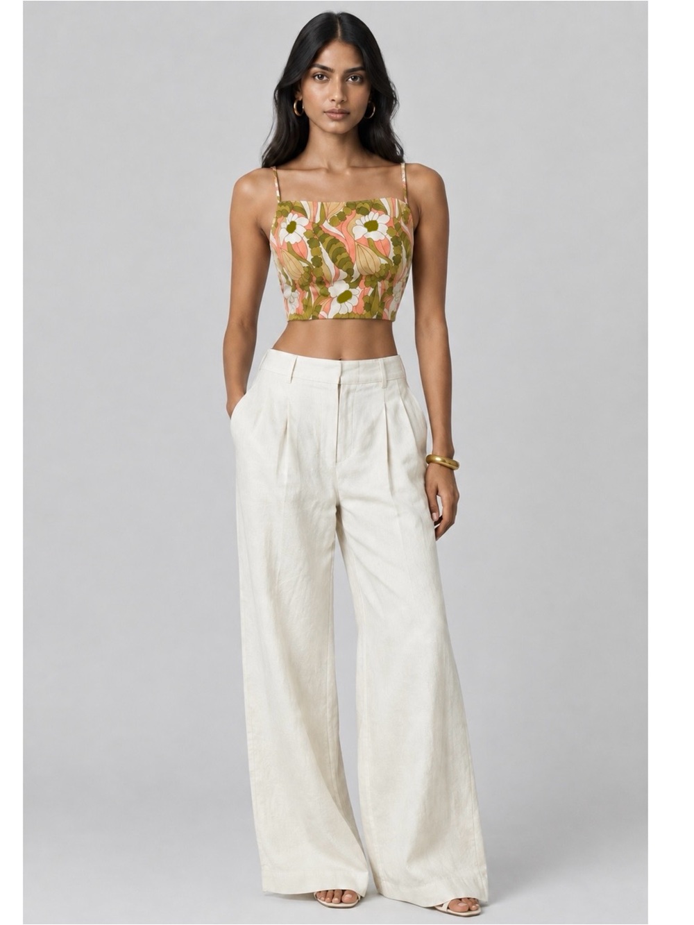 S/W/F Retro Floral Cotton Halter Neck Crisscross Open Back Coquette Crop Top S